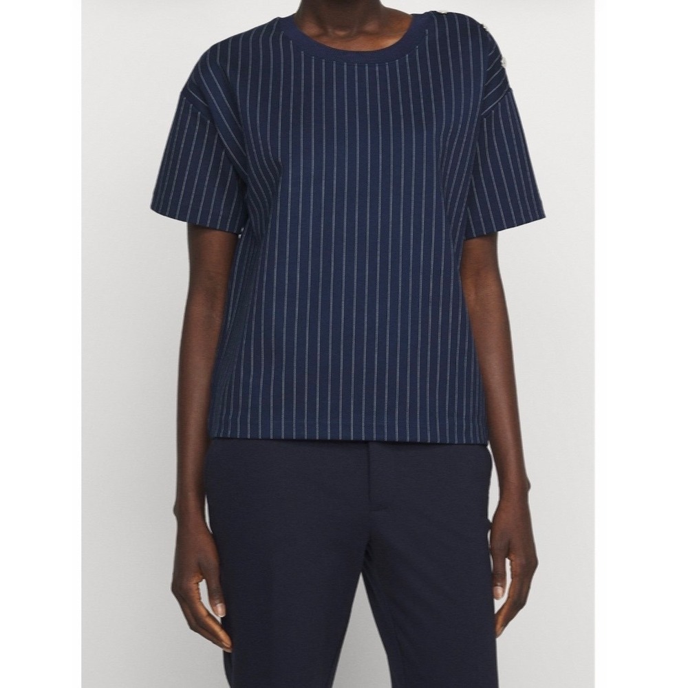 Laurel Ralph Lauren Blue Pinstriped Boxy Oversized T Shirt Casual Everyday L